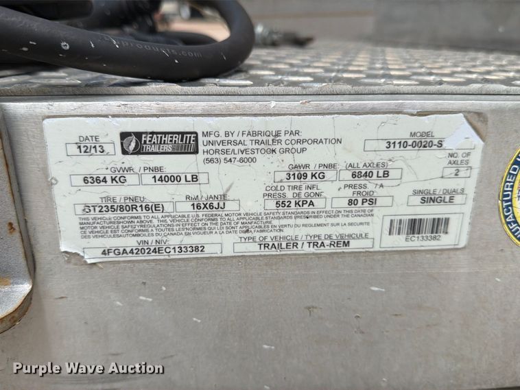 image for item MZ9771 2014 Featherlite equipment trailer