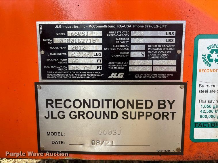 image for item DV7258 2012 JLG 660SJ boom lift