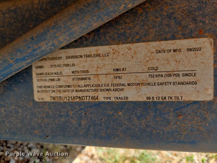 image for item EW8546 2023 Davidson Trailer LLC. 80 x 12 SA 7K TILT tilt deck utility trailer