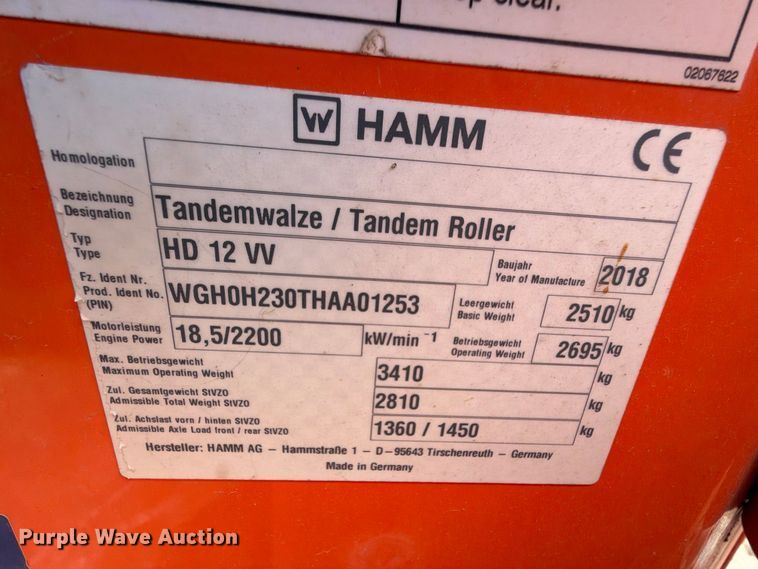 image for item EX2558 2018 Hamm HD12VV double drum vibratory roller