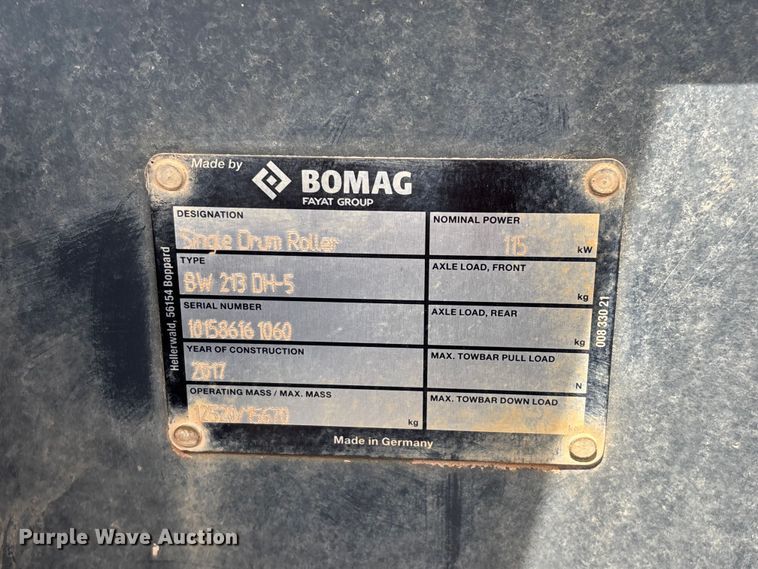 image for item FG0417 2017 Bomag BW 213 DH-5 single drum vibratory roller