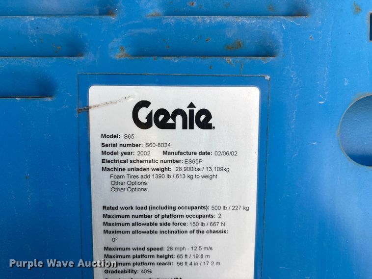 image for item FG0551 2002 Genie S65 boom lift