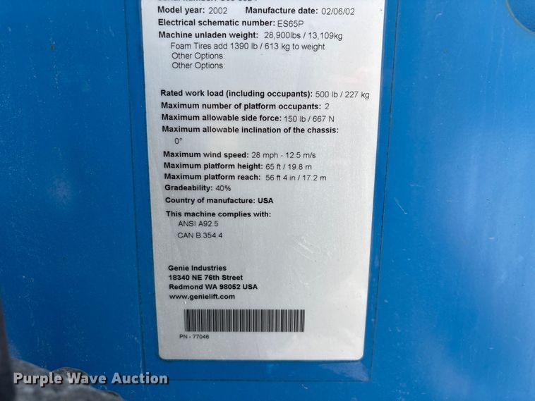 image for item FG0551 2002 Genie S65 boom lift
