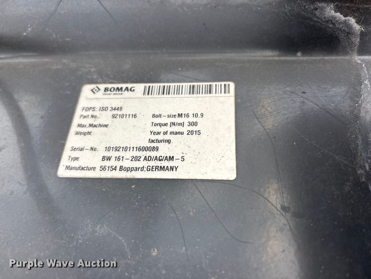 image for item FG0555 2015 Bomag BW 161 AD-5 double drum vibratory roller