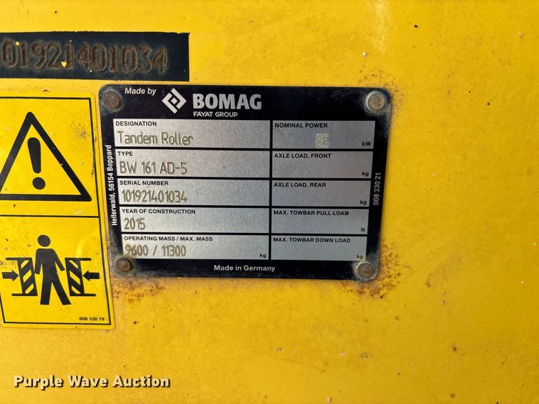 image for item FG0555 2015 Bomag BW 161 AD-5 double drum vibratory roller