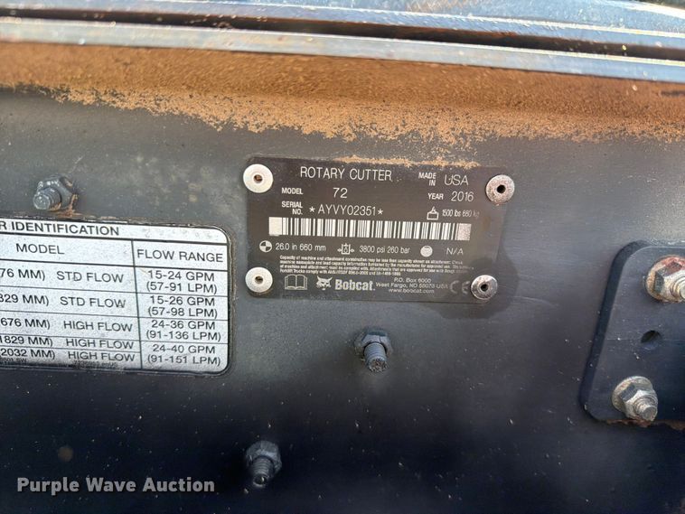 image for item FU1003 2016 Bobcat 72 skid steer rotary mower