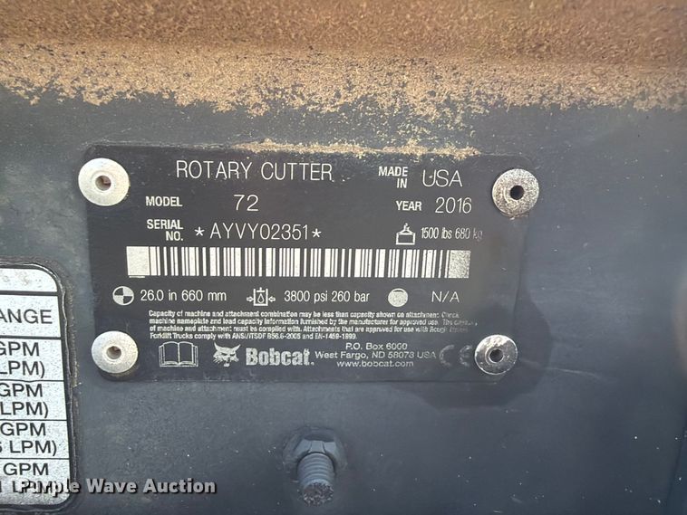image for item FU1003 2016 Bobcat 72 skid steer rotary mower