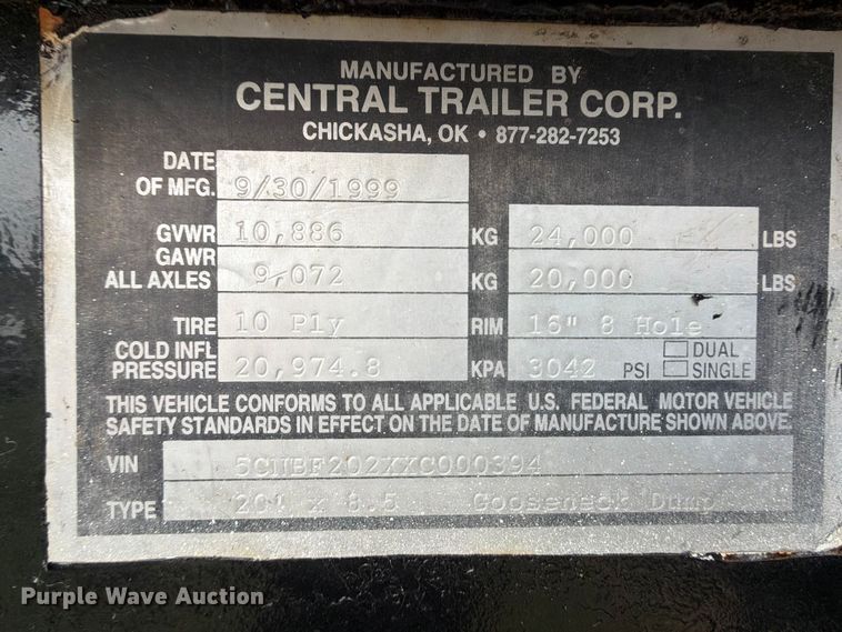 image for item FU1032 1999 Central Trailer Corp dump trailer