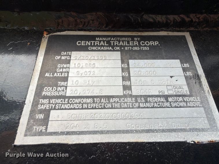 image for item FU1032 1999 Central Trailer Corp dump trailer