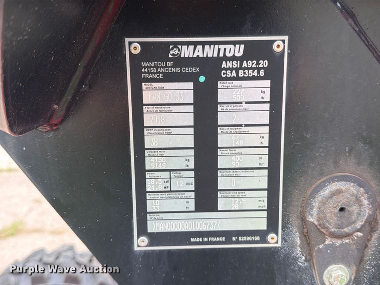 image for item MZ9769 2018 Manitou Man Go 33 boom lift