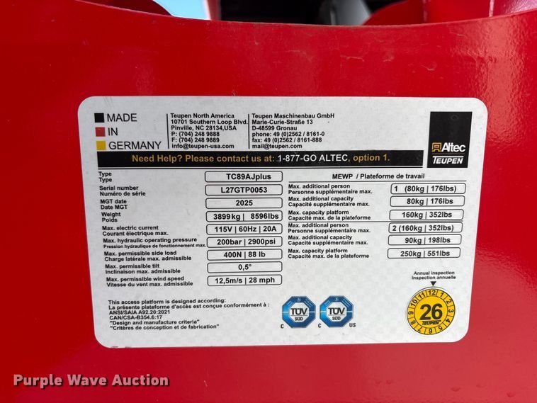 image for item YA3748 2025 Altec TC89A.plus tracked boom lift
