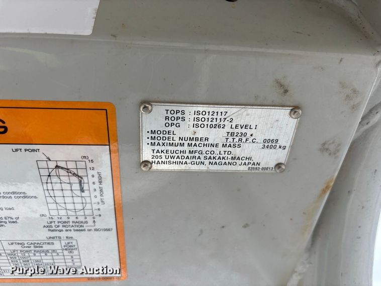 image for item YA3967 2023 Takeuchi TB230 mini excavator