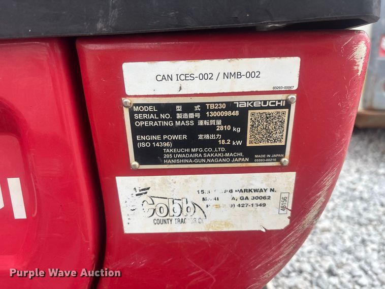 image for item YA3967 2023 Takeuchi TB230 mini excavator