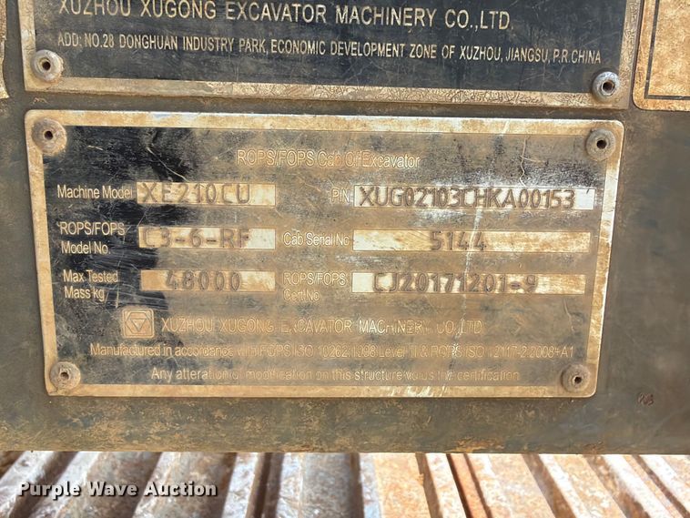 image for item YA4115 2017 XCMG XE210CU excavator