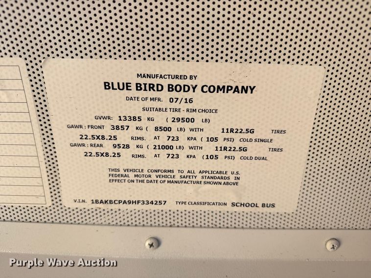 image for item EW4136 2017 BlueBird Vision school bus