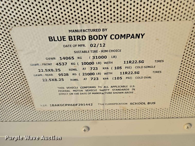 image for item EW8583 2013 Blue Bird BB Conventional school bus