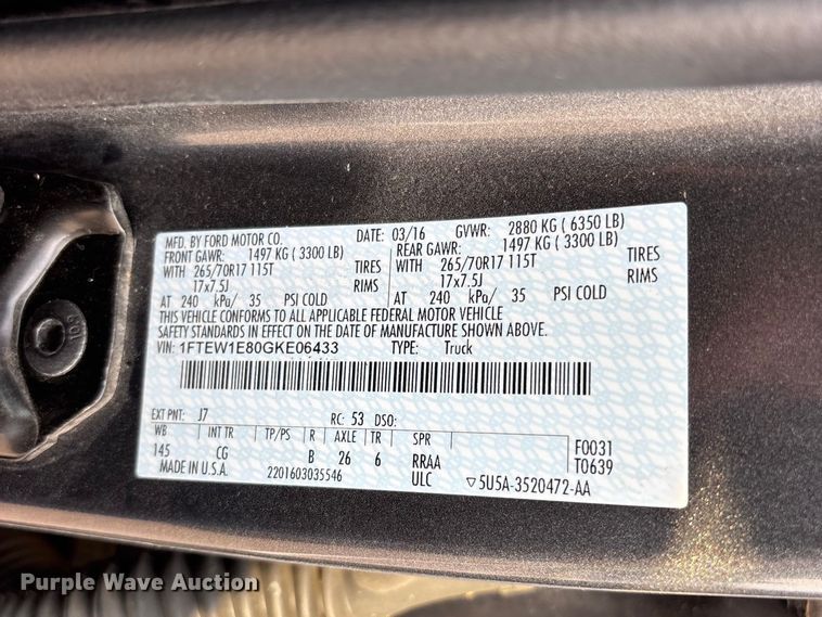 image for item FG0592 2016 Ford F150 XLT Crew Cab pickup truck