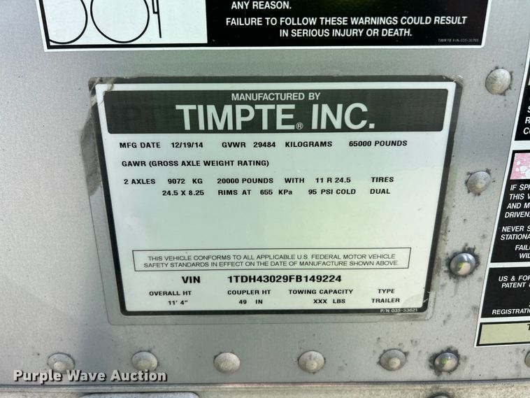 image for item YA4189 2015 Timpte grain trailer