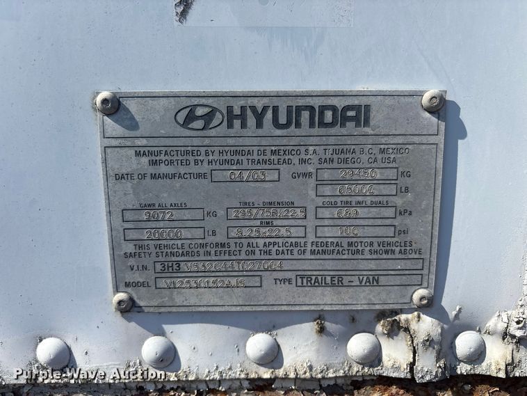 image for item DT2909 2004 Hyundai V2330152AJS dry van trailer