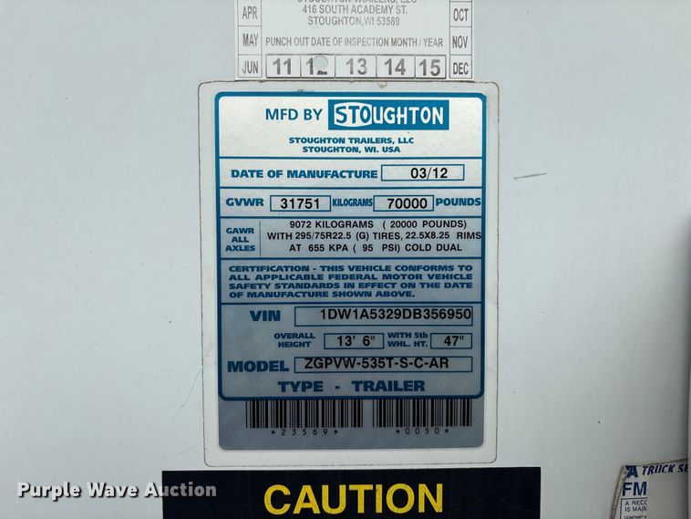 image for item EG9019 2013 Stoughton ZGPVW-535T-S-C-AR dry van trailer