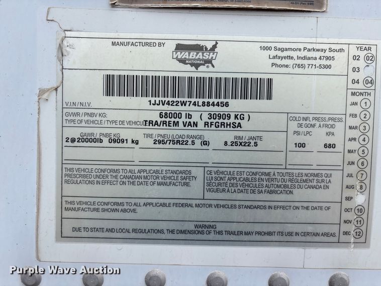 image for item EL2579 2004 Wabash RFGRHSA refrigerated van trailer