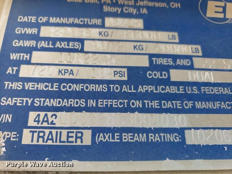 image for item YA4569 2016 EBY Trans Pork livestock trailer