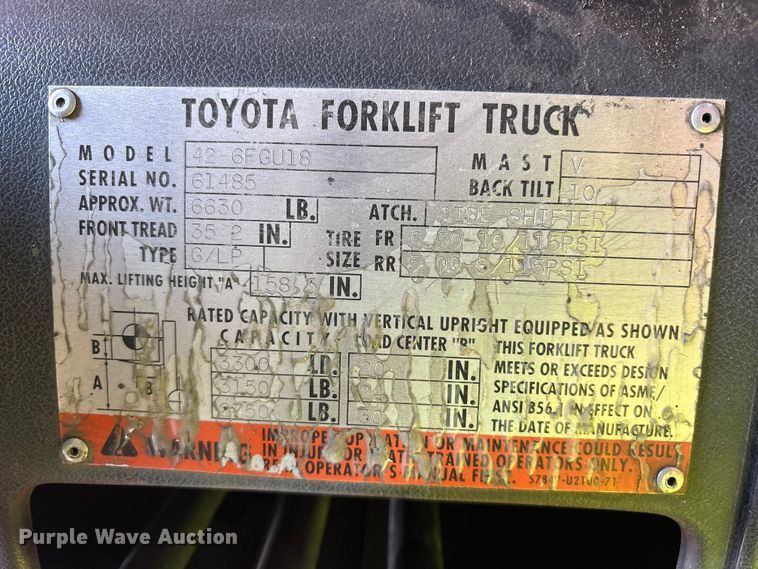 image for item ET0353 1997 Toyota 42-6FGU18 forklift