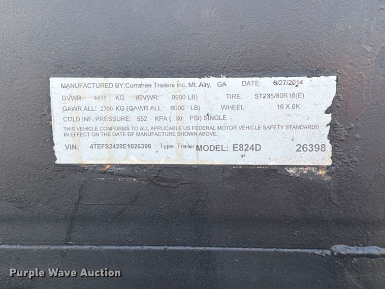 image for item FB5004 2014 Currahee E824D equipment trailer