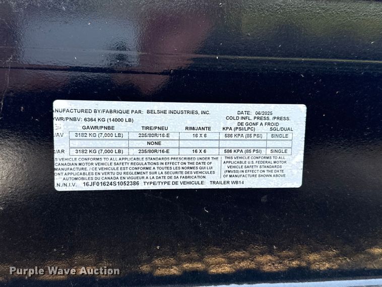 image for item FC4099 2025 Belshe WB14 equipment trailer