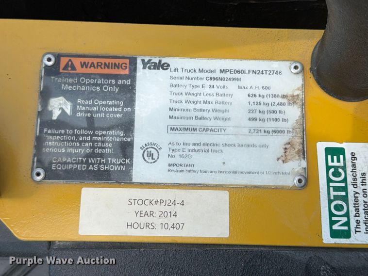 image for item FU4560 2014 Yale MPE0601LFN24T2748 pallet jack