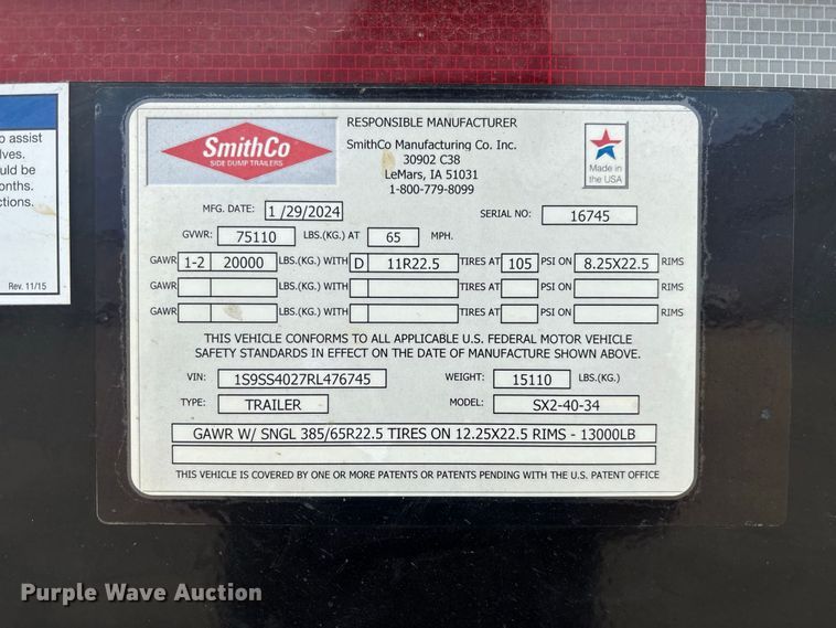 image for item DZ4545 2024 Smith-Co SX2-40-34 side dump trailer