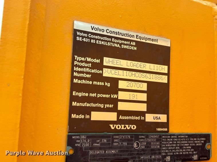 image for item DZ4576 2020 Volvo L110H wheel loader