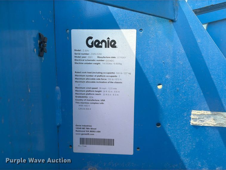 image for item EA0409 2001 Genie Z-30N boom lift