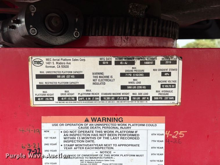 image for item EA0413 2019 MEC 45-AJ boom lift