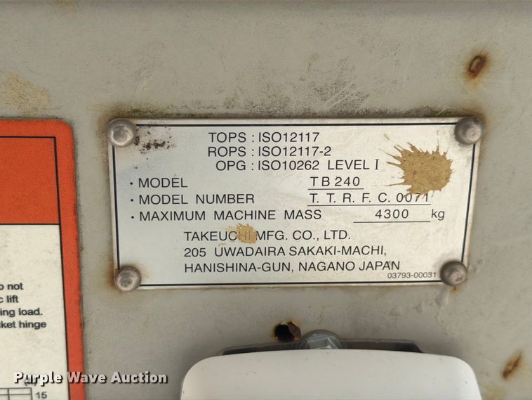 image for item FK4130 2015 Takeuchi TB240 mini excavator
