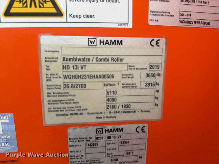 image for item FN5806 2019 Hamm HD13i VT double drum vibratory roller