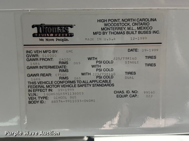image for item DY3174 2000 Thomas Savana school bus