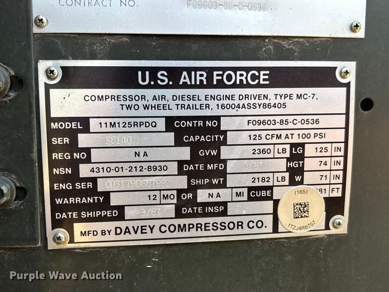 image for item DZ4558 1987 Davey Compressor Co 11M125RPDQ air compressor