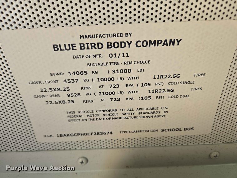 image for item EW0419 2012 Blue Bird BB Conventional school bus
