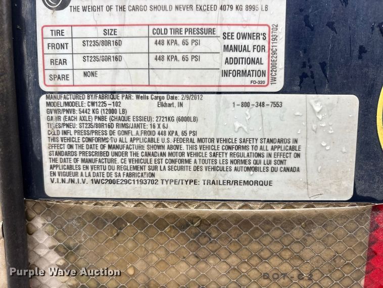 image for item FK2062 2012 Wells Cargo CW1225 - 102 enclosed cargo trailer
