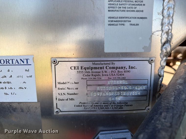 image for item FK3288 2016 Pacer by Cei Equipment Company, Inc. AT35NSL feed delivery trailer