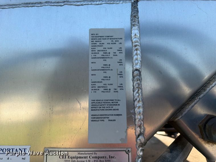 image for item FK3288 2016 Pacer by Cei Equipment Company, Inc. AT35NSL feed delivery trailer
