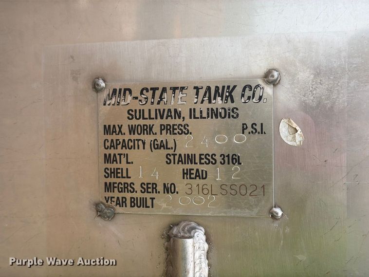 image for item FT6663 2002 Mid-State Tanks Stainless Steel Tank