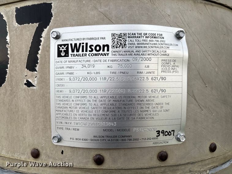 image for item DZ4591 2001 Wilson PSAL-303P livestock trailer