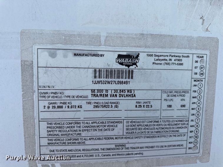 image for item EX2195 2007 Wabash DVLHHSA dry van trailer