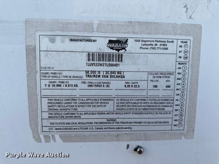 image for item EX2195 2007 Wabash DVLHHSA dry van trailer