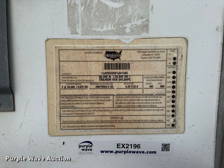 image for item EX2196 2015 Wabash DVLSHPC dry van trailer