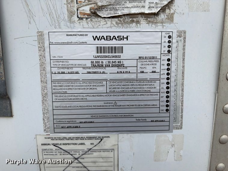 image for item FB5031 2012 Wabash dry van trailer