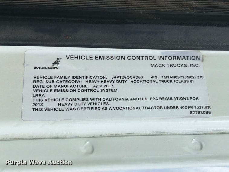 image for item FB5070 2018 Mack CHU613 truck cab and chassis
