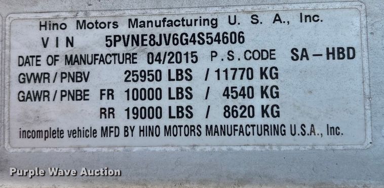 image for item YA1935 2016 Hino 268 box truck